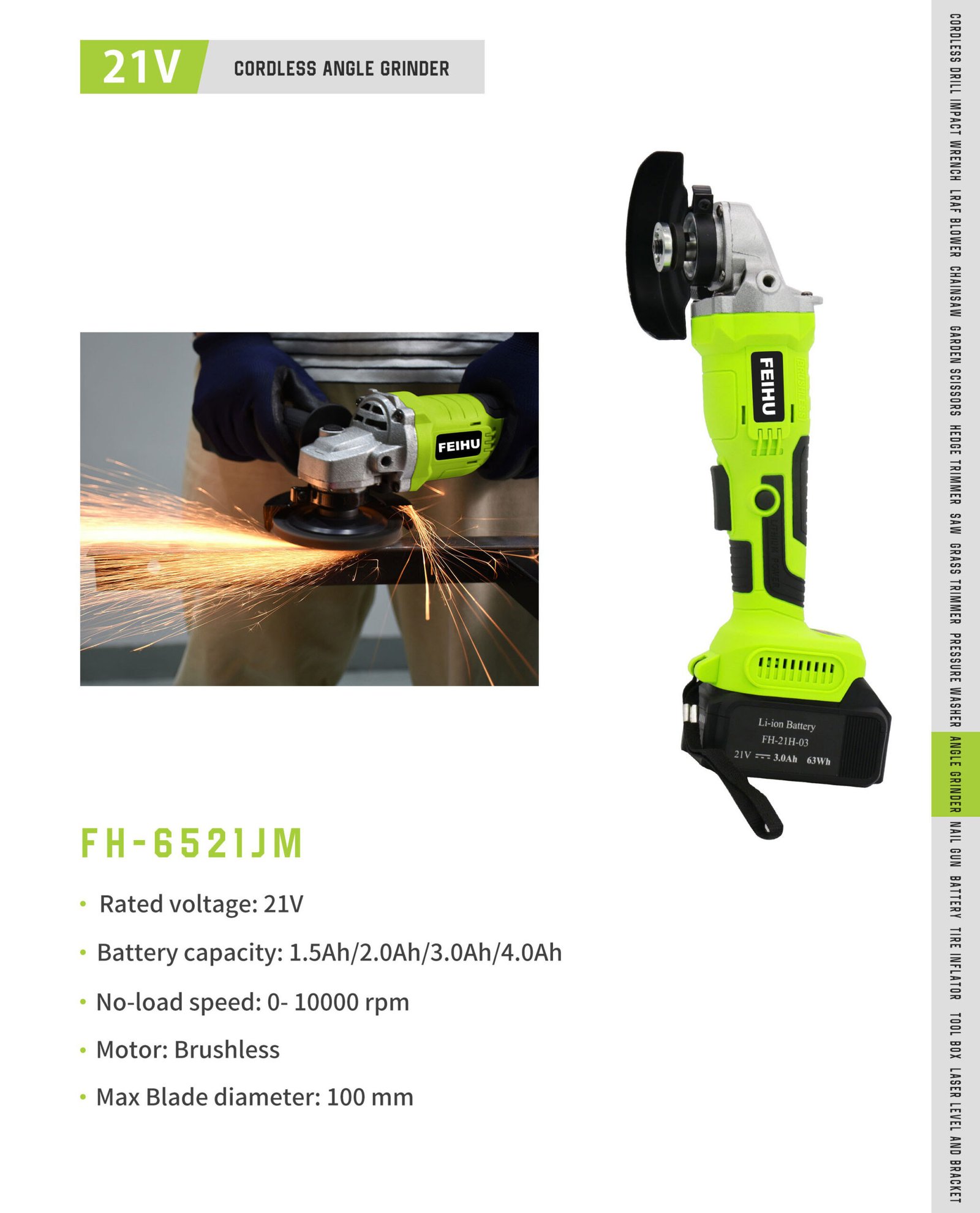 21V 100 mm Brushless Angle Grinder FH-6521JM Original catalogue parameter card