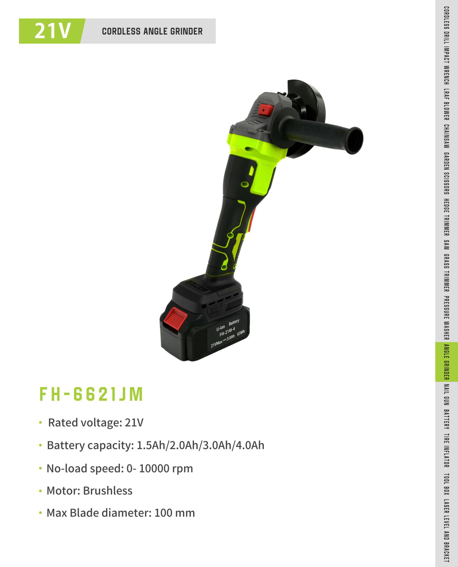 21V 100 mm Cordless Angle Grinder FH-6621JM Original catalogue parameter card