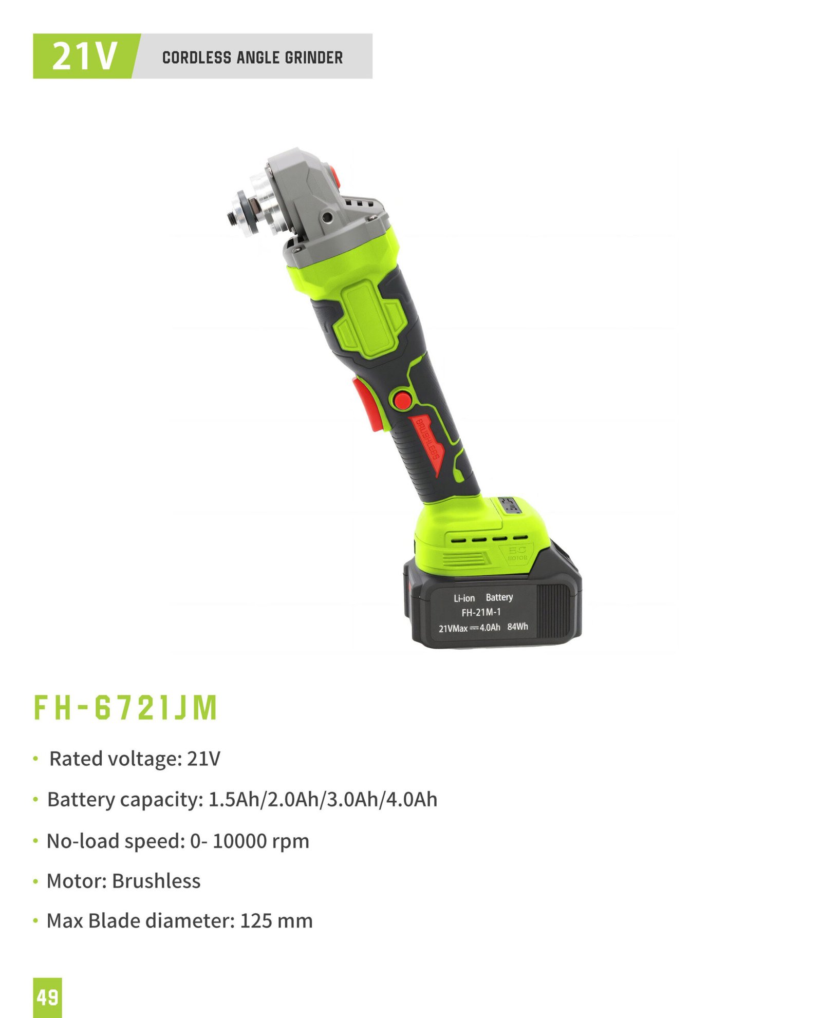 21V 125 mm Brushless Angle Grinder FH-6721JM Original catalogue parameter card