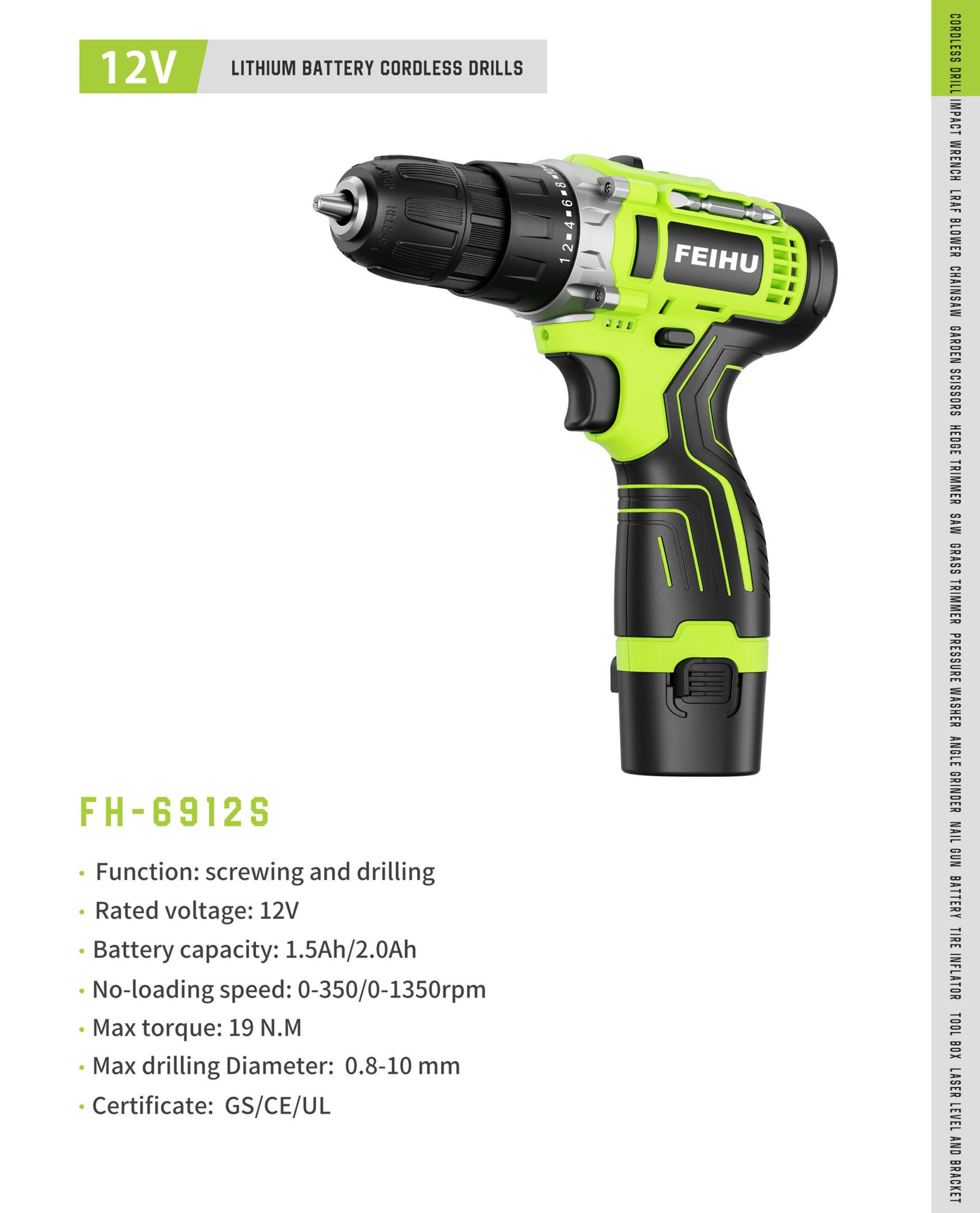 12V Cordless Drill Driver FH-6912S Original catalogue parameter card