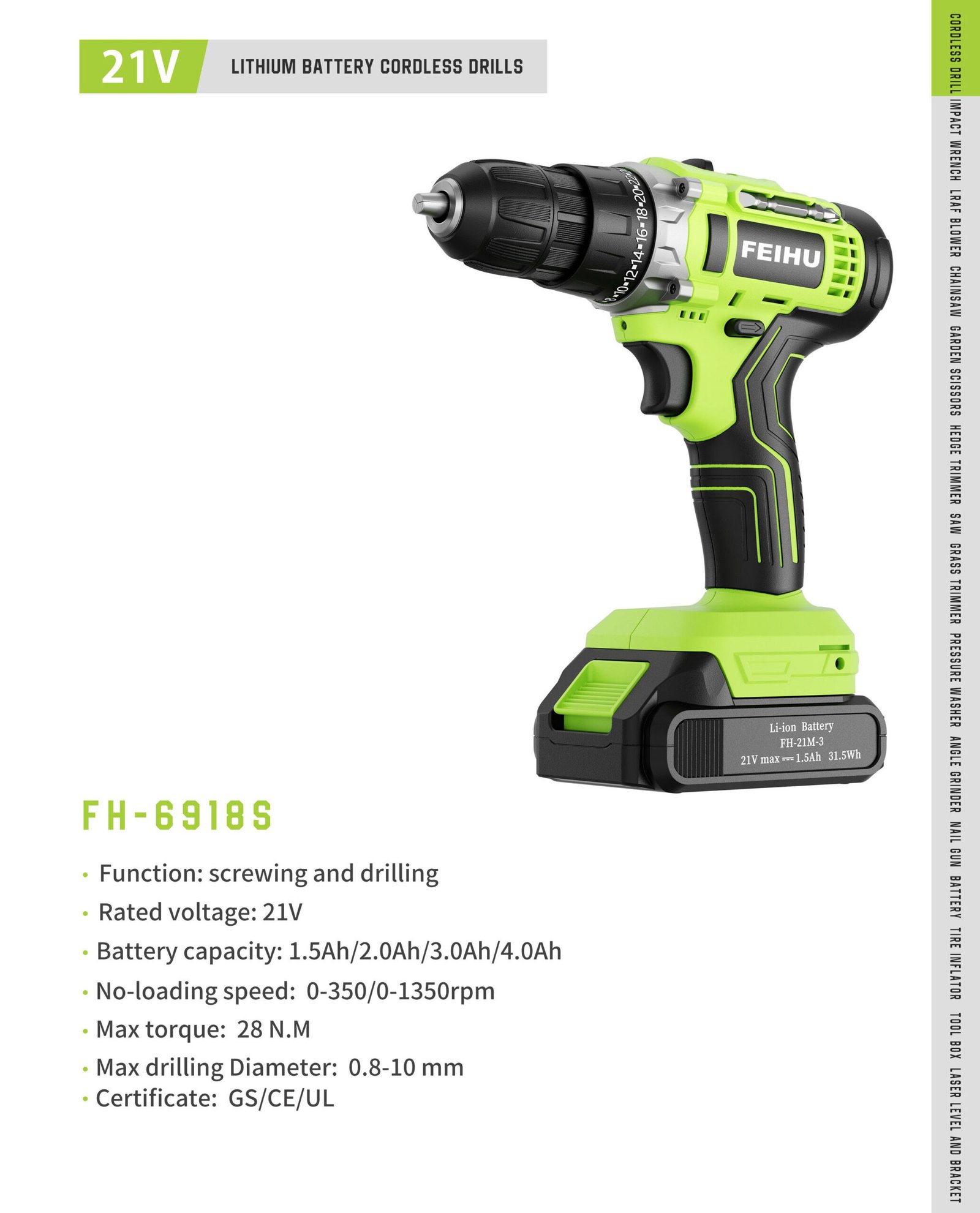 21V Cordless Drill Driver FH-6918S Original catalogue parameter card