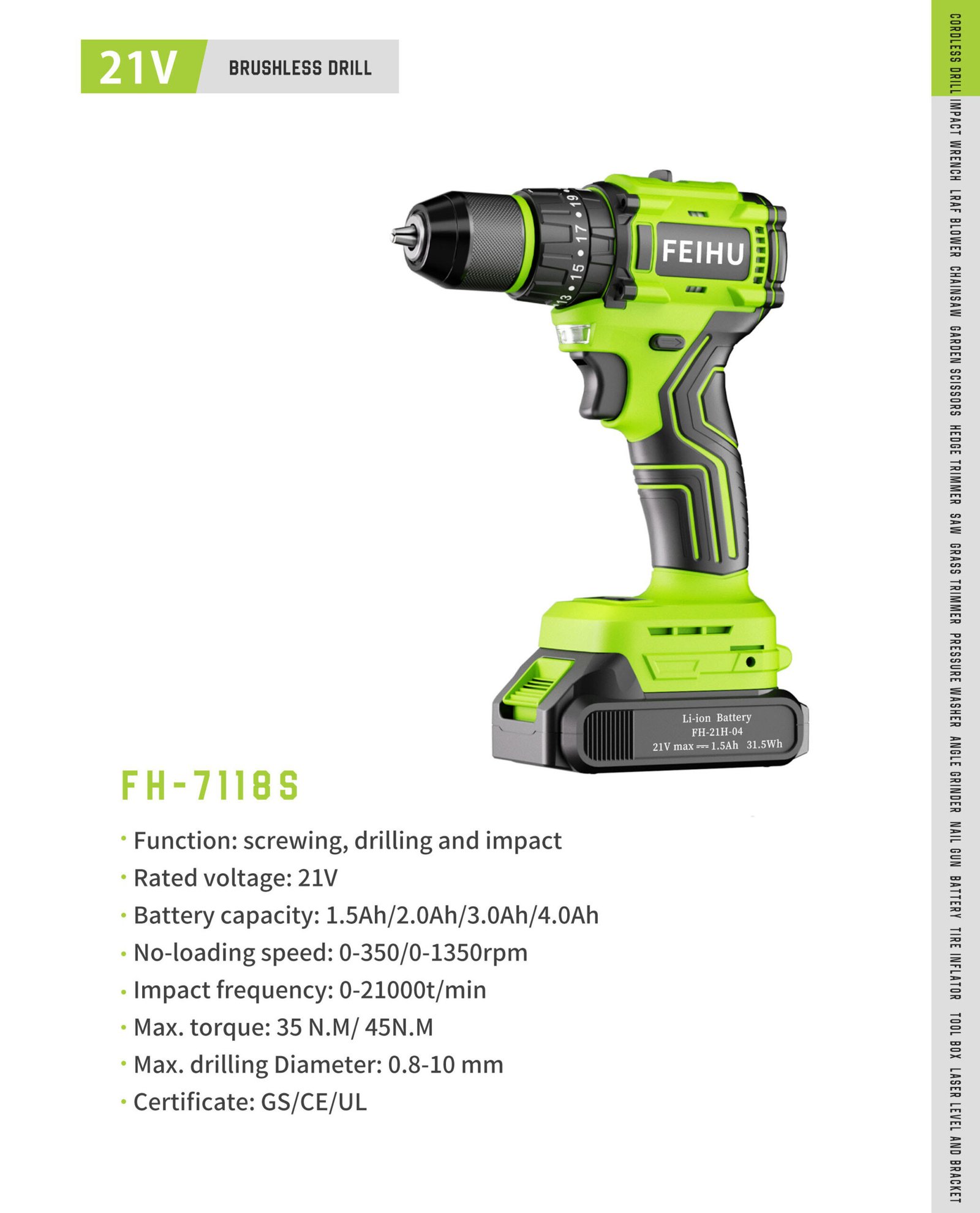 21V Brushless Impact Drill FH-7118S Original catalogue parameter card