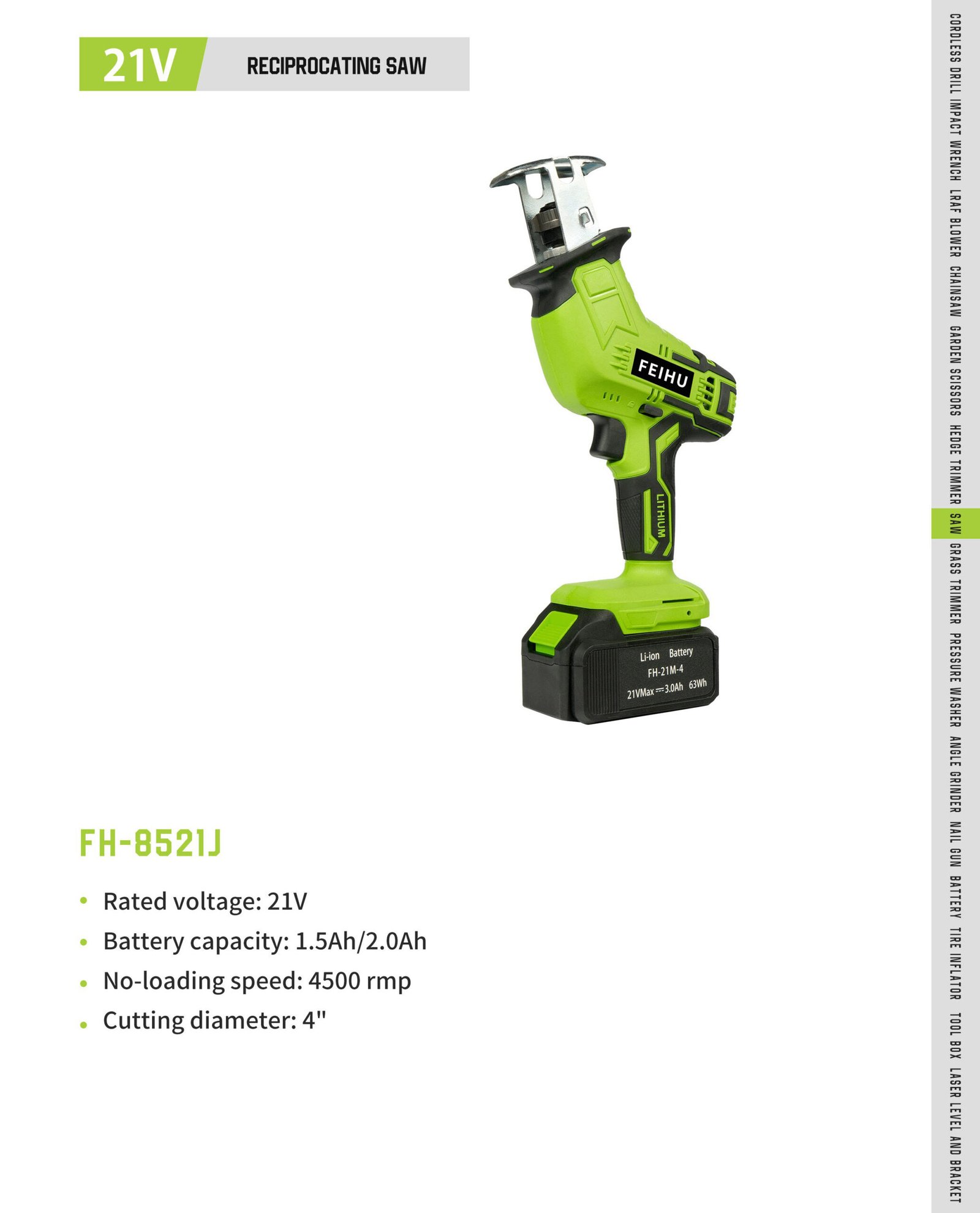 21V Cordless Reciprocating Saw FH-8521J Original catalogue parameter card