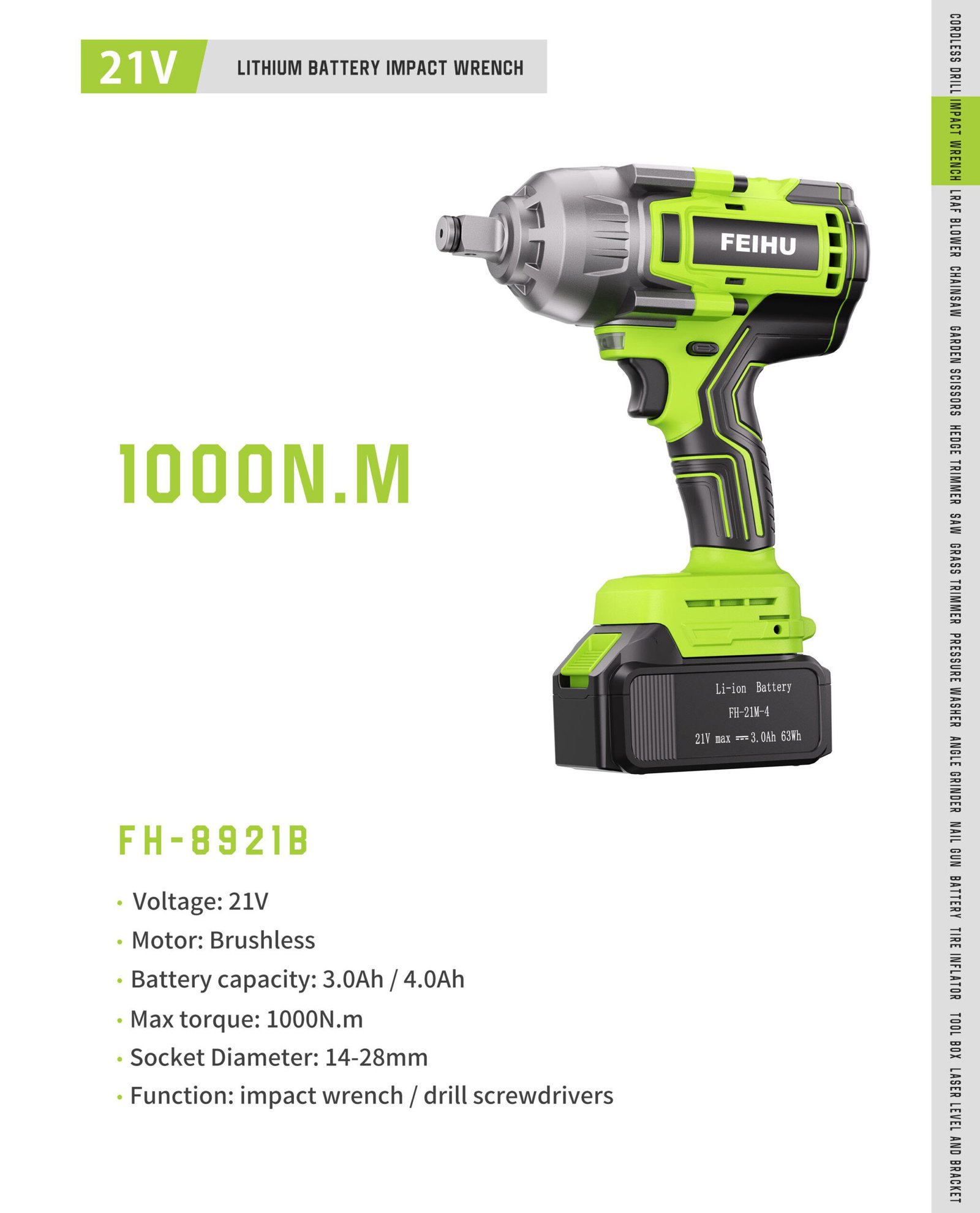 21V 1000 N.m Brushless Impact Wrench FH-8921B Original catalogue parameter card