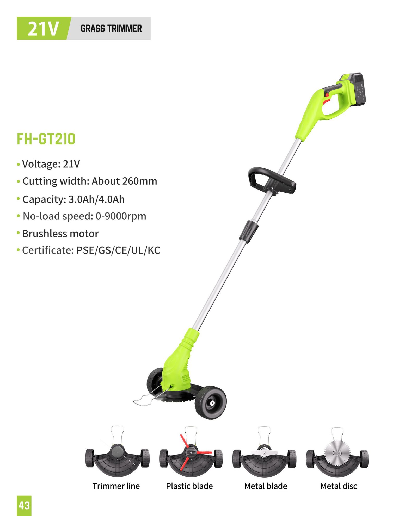 21V Cordless Grass Trimmer FH-GT210 Original catalogue parameter card