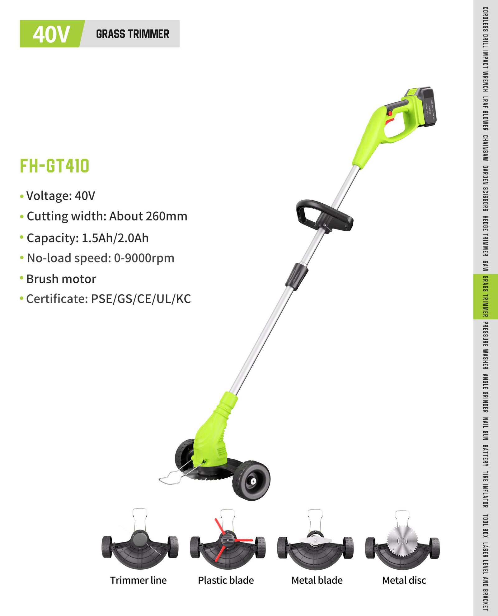40V Cordless Grass Trimmer FH-GT410 Original catalogue parameter card