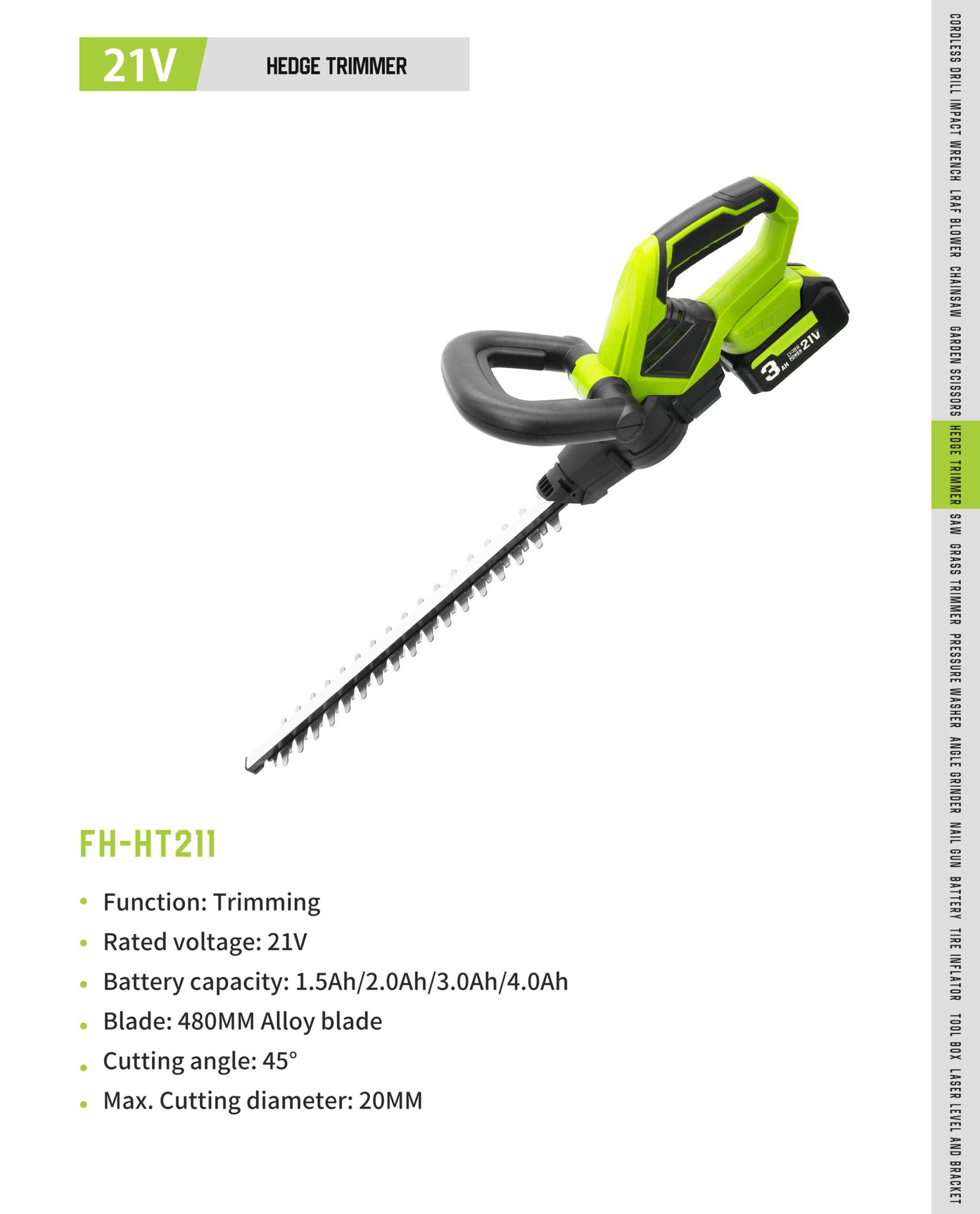 21V Cordless Hedge Trimmer FH-HT211 Original catalogue parameter card