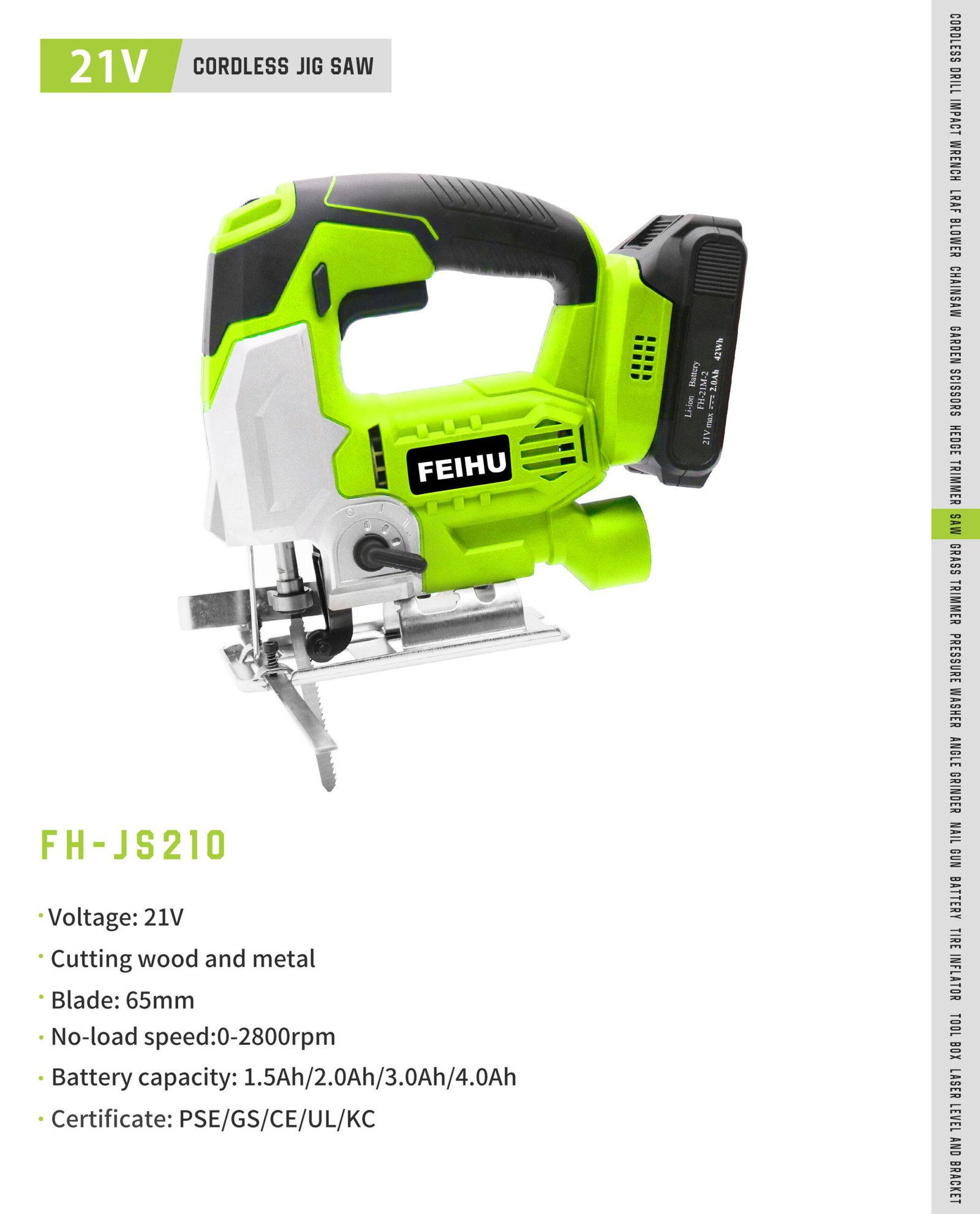 21V Cordless Jig Saw FH-JS210 Original catalogue parameter card