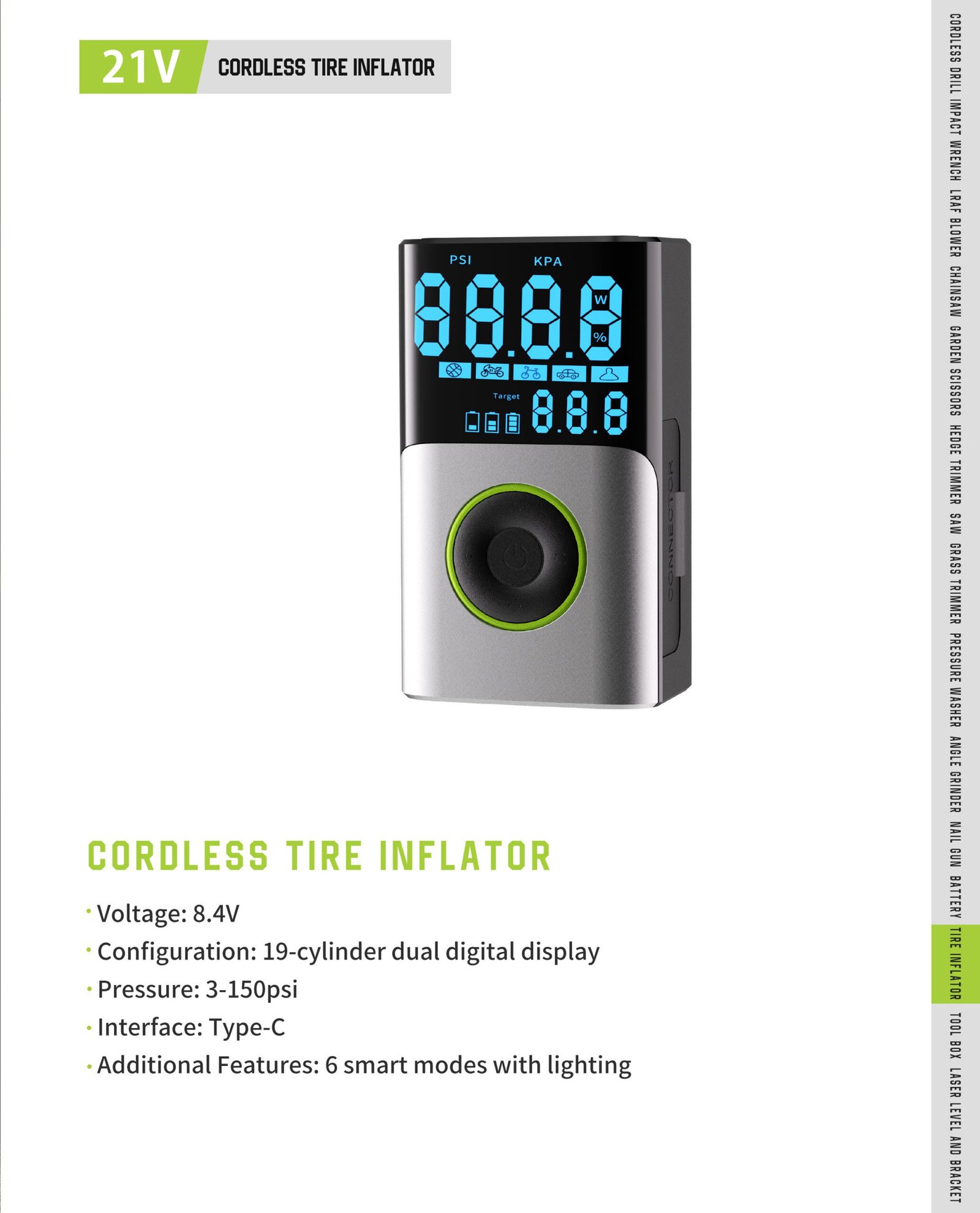 8.4V Cordless Tire Inflator FH-TI-84V Original catalogue parameter card