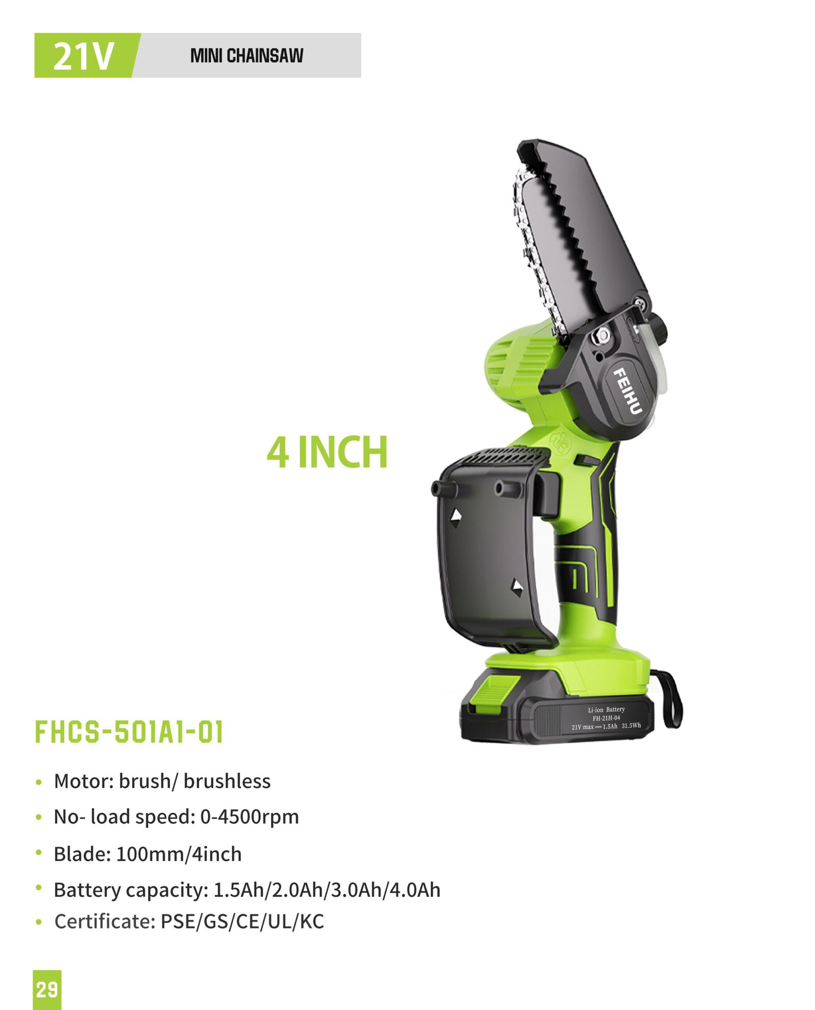 21V 4 in Mini Chainsaw FHCS-501A1-01 Original catalogue parameter card