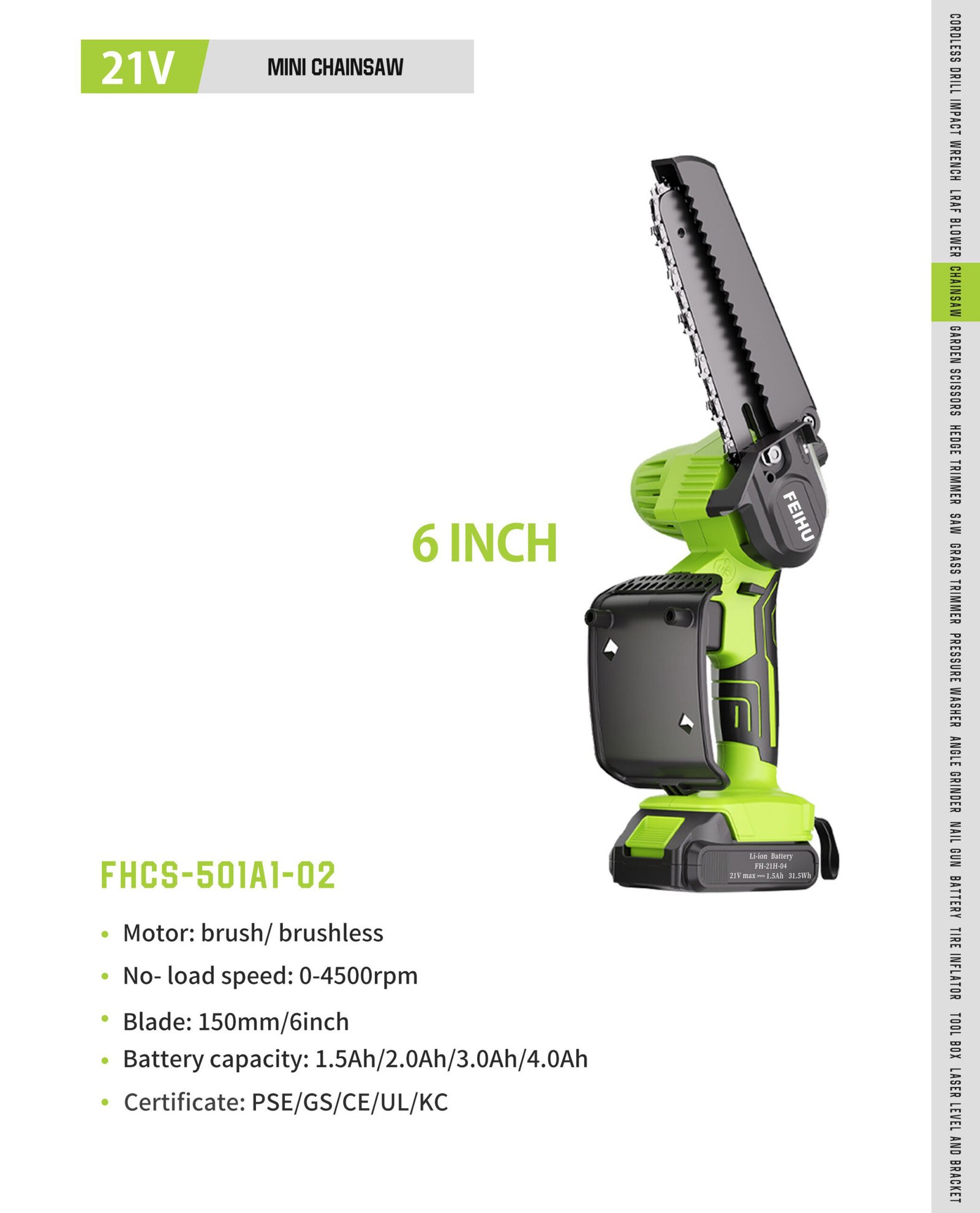 21V 6 in Mini Chainsaw FHCS-501A1-02 Original catalogue parameter card