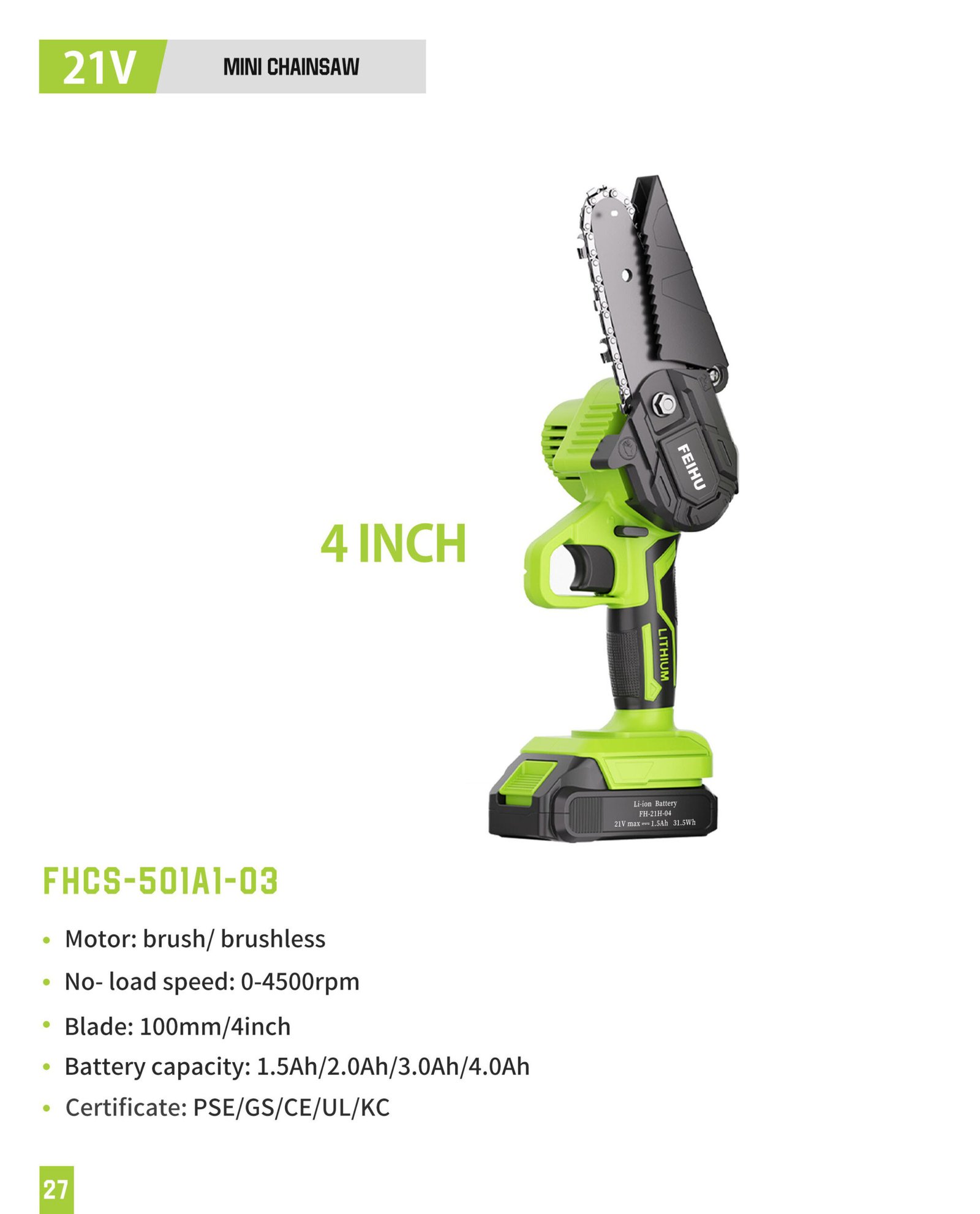21V 4 in Mini Chainsaw FHCS-501A1-03 Original catalogue parameter card