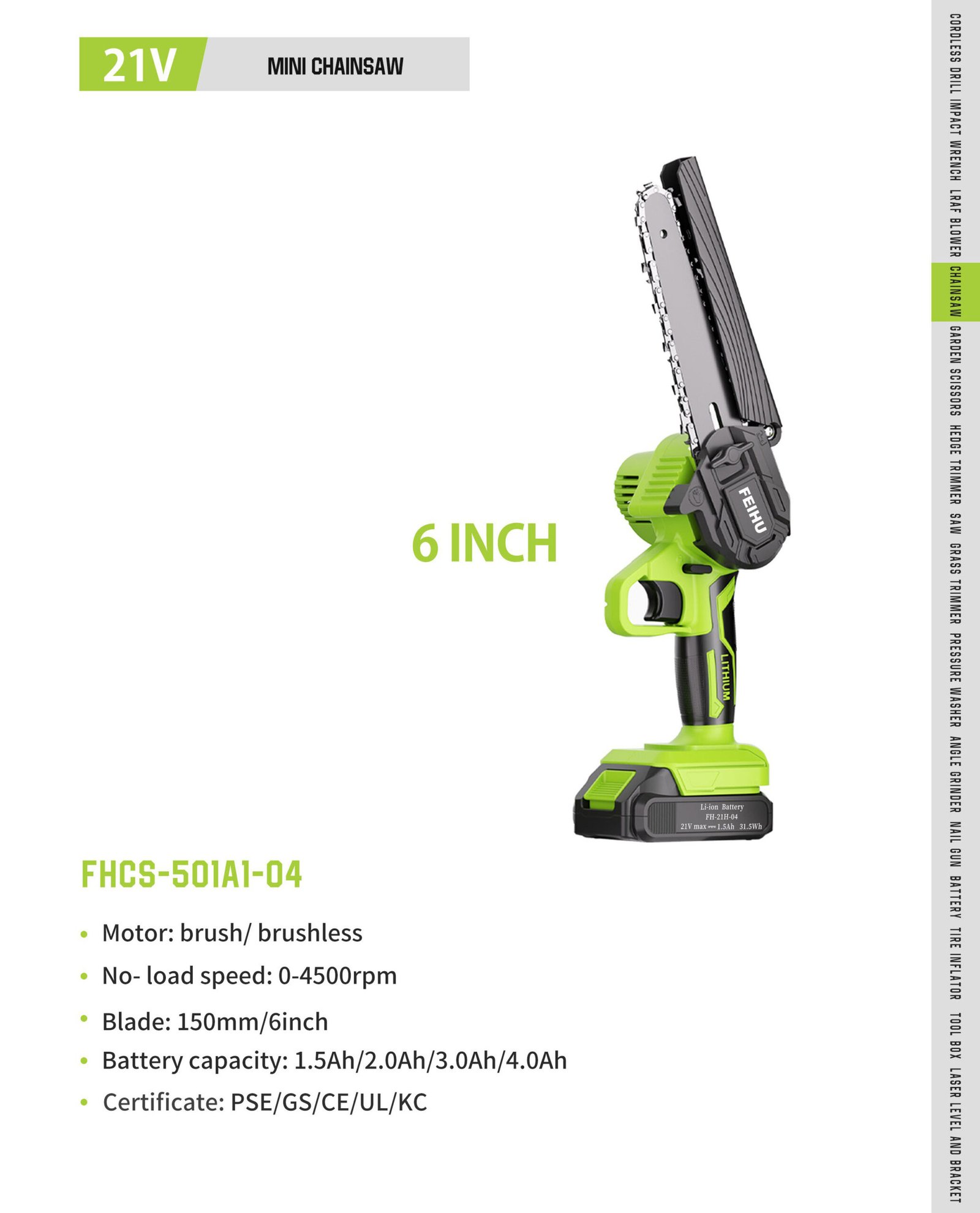 21V 6 in Mini Chainsaw FHCS-501A1-04 Original catalogue parameter card