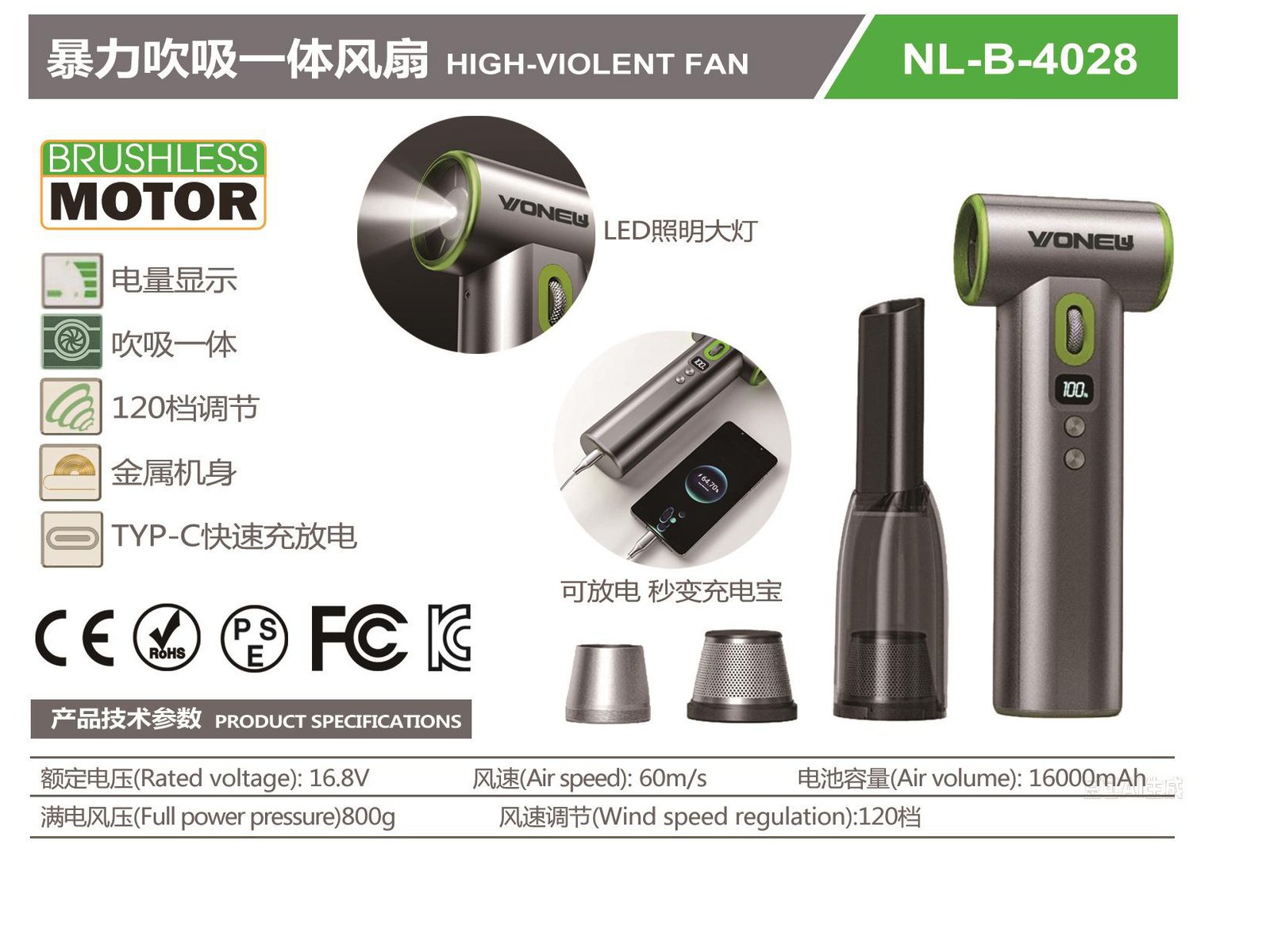 16.8V Cordless High-Velocity Fan NL-B-4028 Original catalogue parameter card